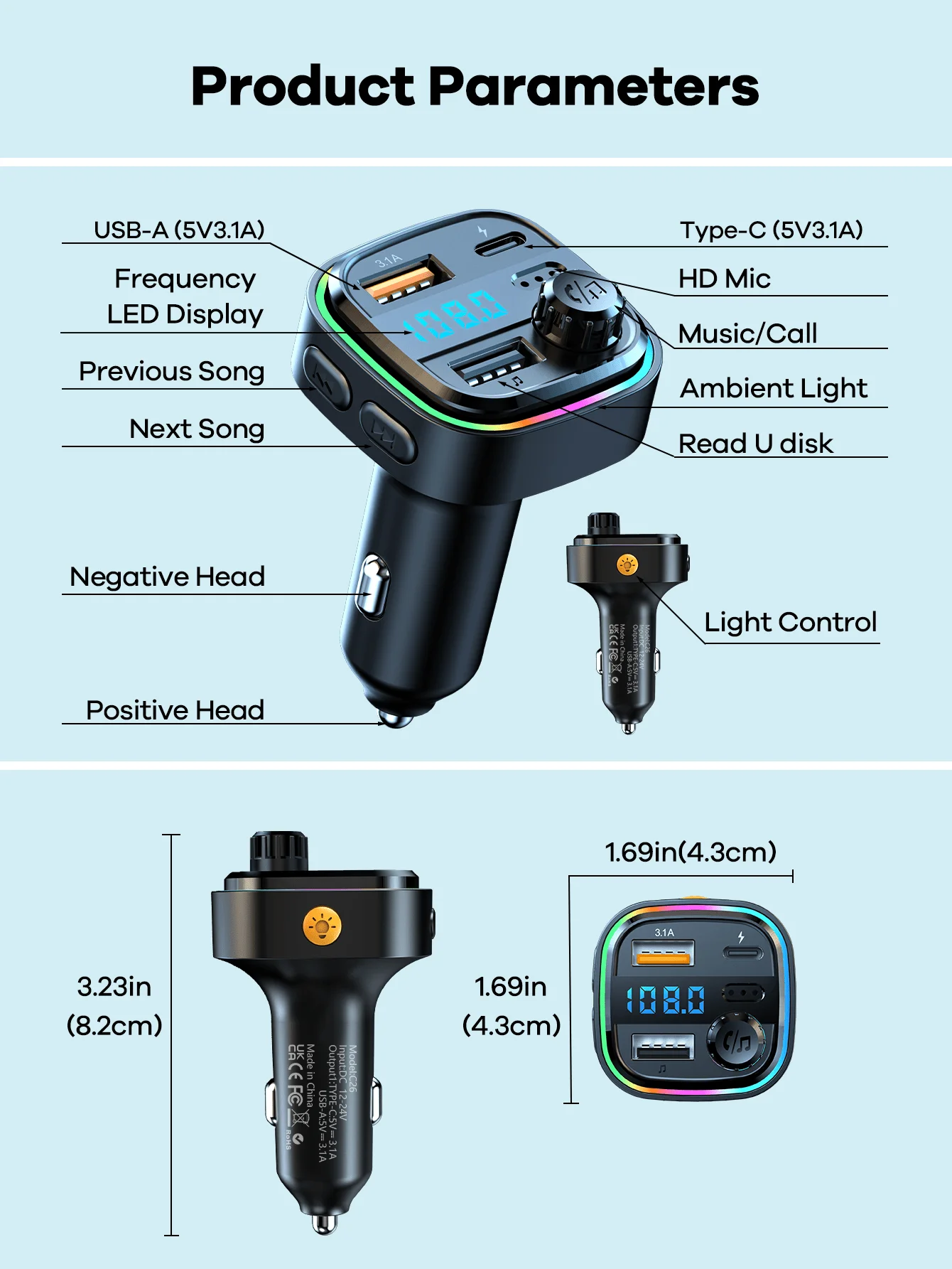 

Bluetooth Car Charger With RGB Ambient Light, 3-Port Fast Charging, USB-C & USB-A, Built-In Mic For Music Calls