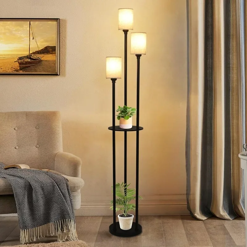 Floor Lamp with Shelves, Modern Floor Lamps for Living Room, 3-Lights Standing Lamp with Linen Shade and Foot Switch, Industrial