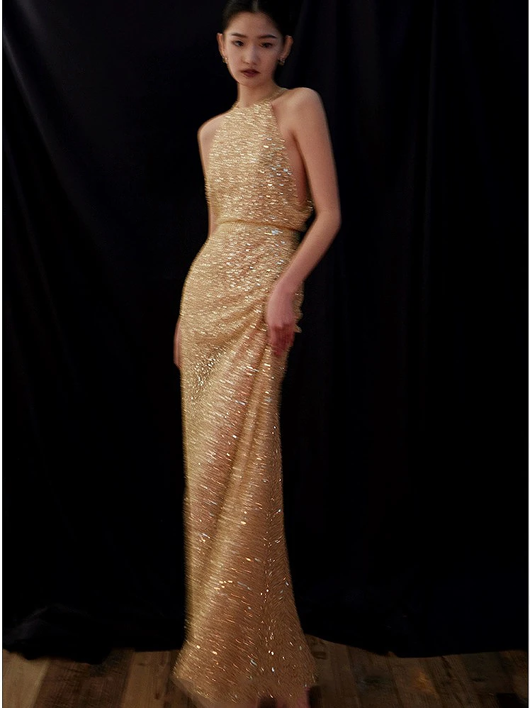 

O-neck Prom Dresses Sleeveless Mermaid Champagne Seuqins Beaded Golden Sexy Vintage Party Saudi Arabic Prom Gowns 2024 New