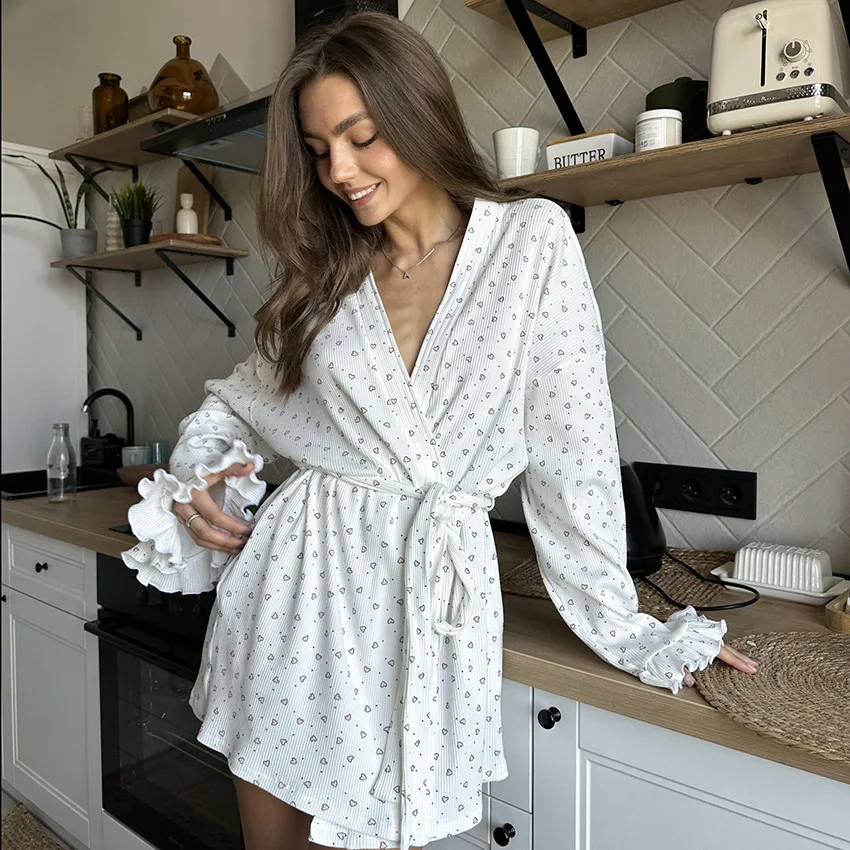 Knit Breathable Elasticity Robe Loungewear Print Casual Bathrobe Long Sleeves Comfy Kimono Loose Gown Elegant Homewear Nightgown