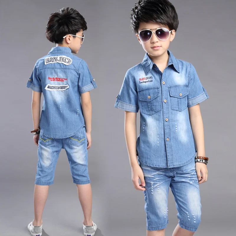 

Hot Sale 2023 Boys Summer Denim Short Sleeve Suit Children's Clothing Sets Kids Cowboy Casual Embroidered Spliced Clothes 2 Pcs