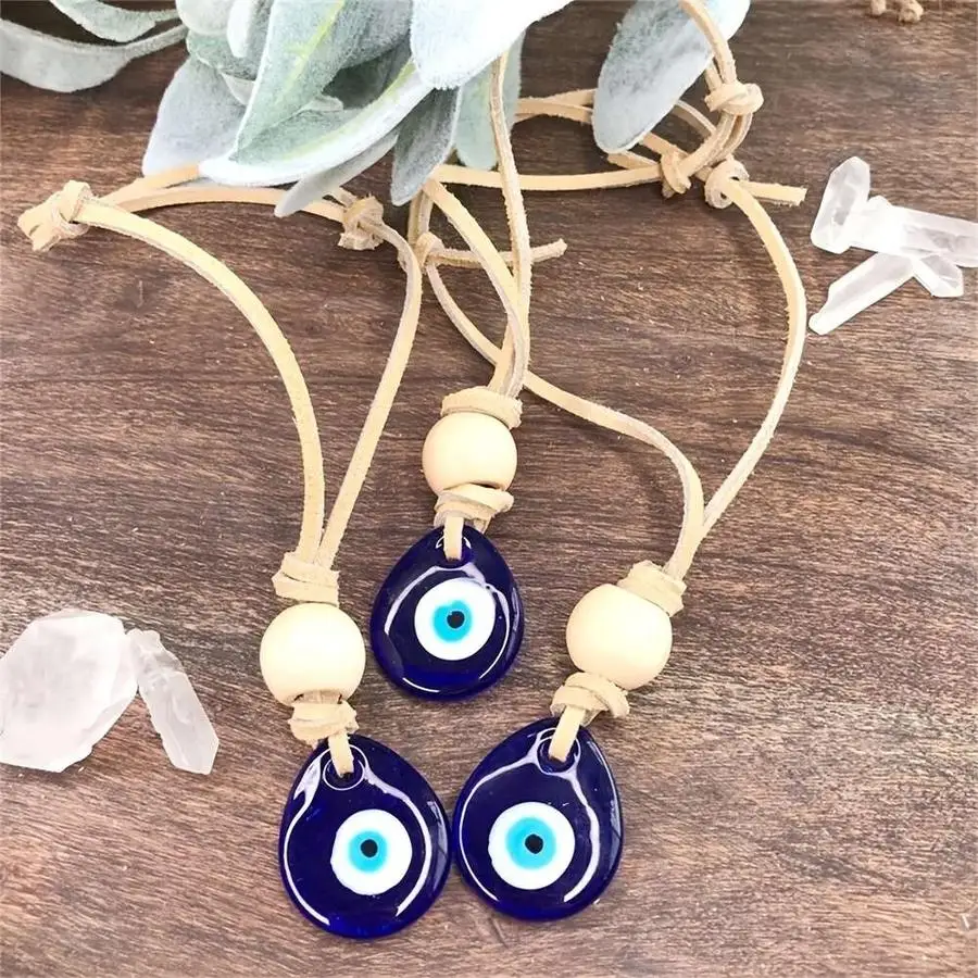 1/5/10/20/50/100pcs Handmade Turkish Blue Eye Pendant Water Drop Shaped Blue Glass Ornament with Leather Cord Evil Eye Decoratio