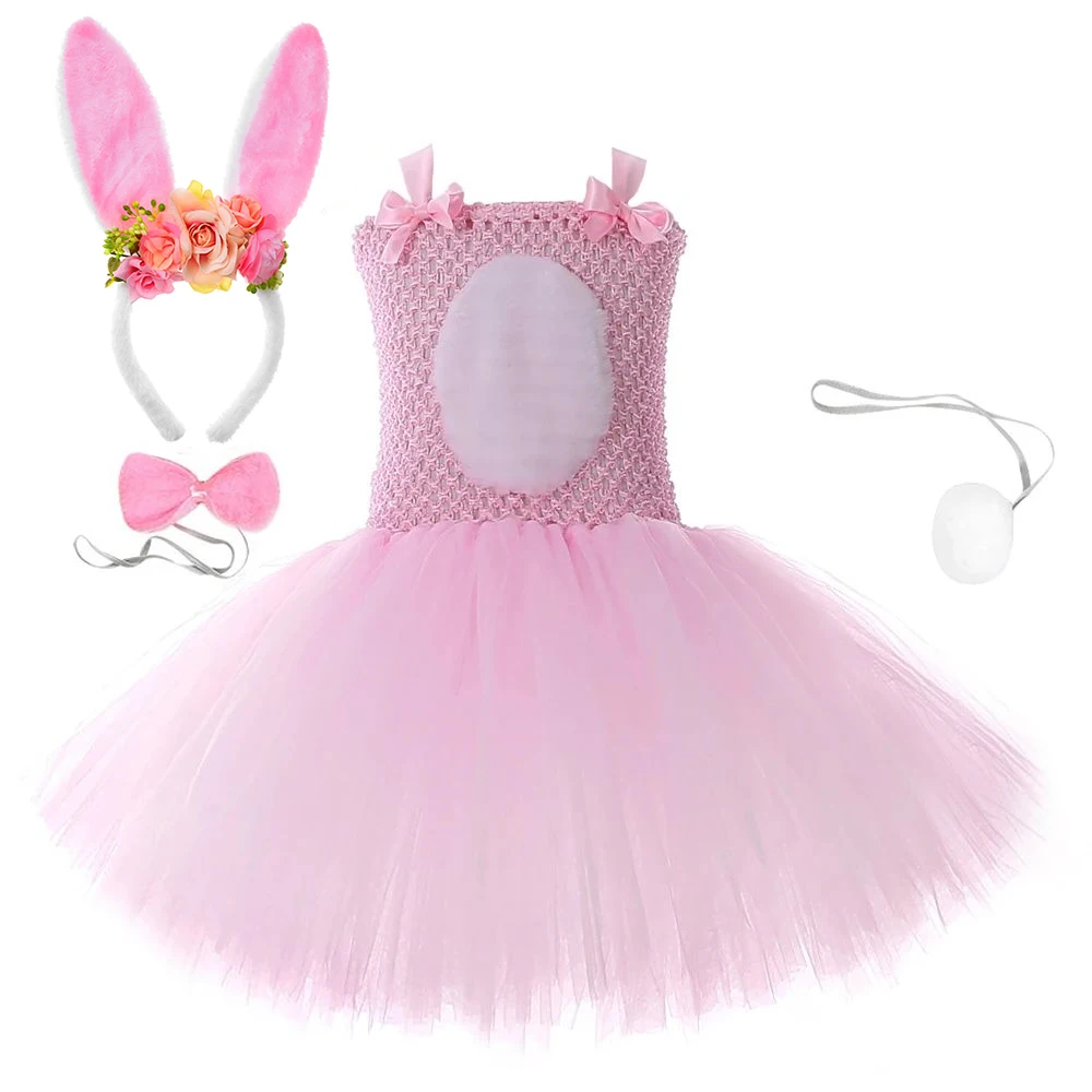 Pink Flower Bunny Costumes for Girls Easter Holiday Ballet Tutu Dress with Ears Bowtie Tail Kids Rabbit Clothes Animal Outfit