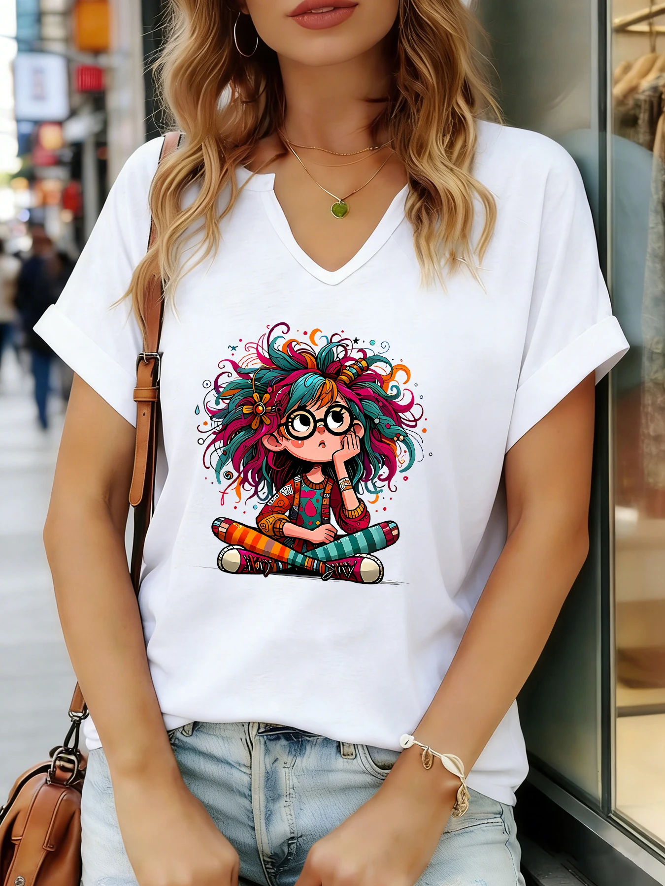 Dopamine Rainbow Curly Hair Cartoon Girl Print V-Neck Short-Sleeve T-Shirt for Girls, suitable for summer wear