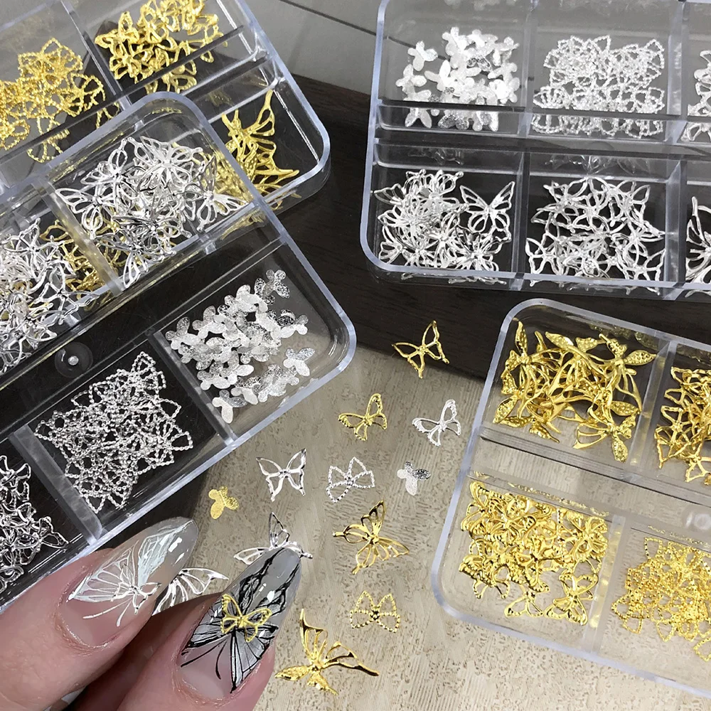 2Box(about 200pcs) Metal Butterfly Nail Art Charms 3D Luxury Gold&Sliver Hollowed-out Butterfly Metal Alloy Nail Rivet Y2K Decor