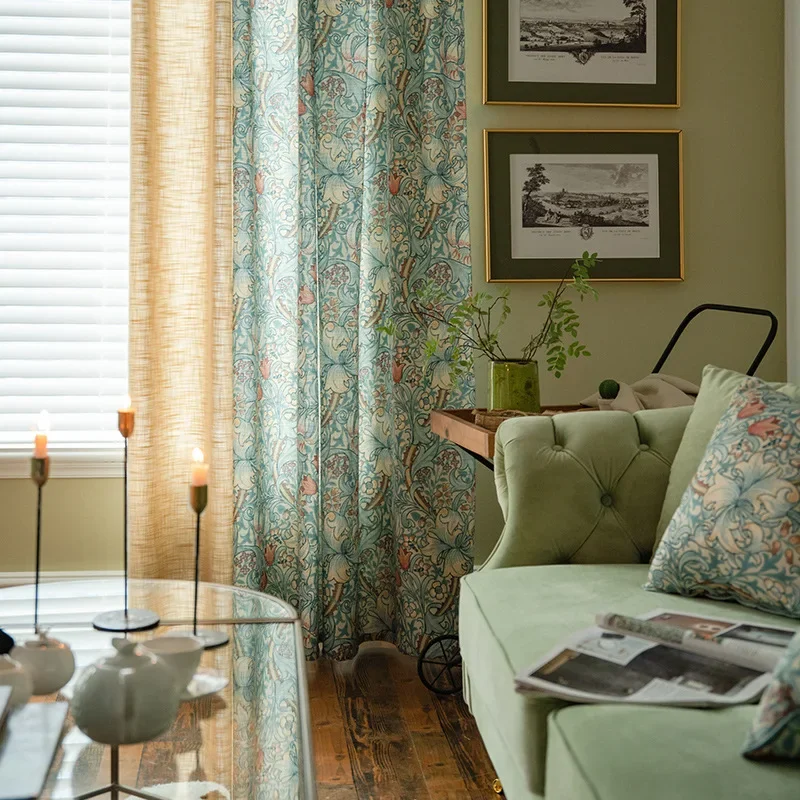 Retro Green Curly Printed Curtains for Living Room Bedroom Luxury American Country Semi-shading Pillow Tablecloth Window Fabric