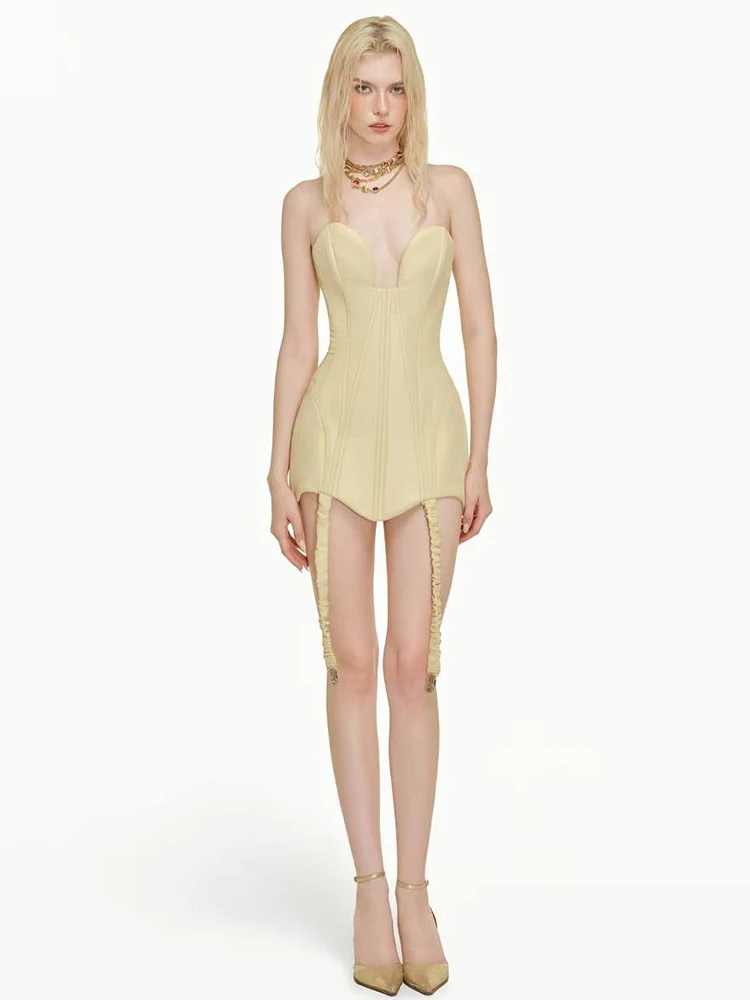 Kliou Sexy Strapless Mini Dress For Woman Wrap Chest Backless Sleeveless Tassel Decoration Hot Girls High Street Style Bodycon