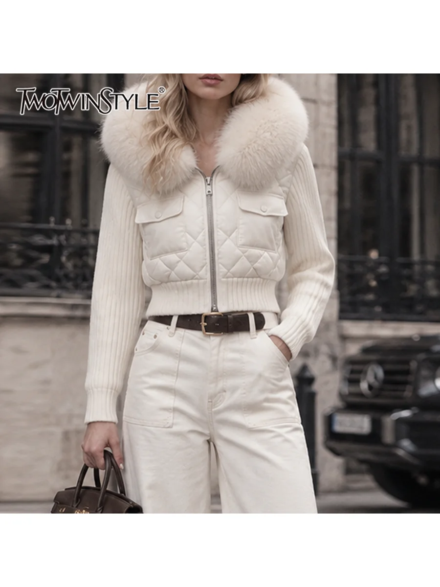 TWOTWINSTYLE Fluffy Spliced Pocket Loose Jacket for Women Hooded Collar Long Sleeve Patchwork Zipper Casual Jackets Female Style