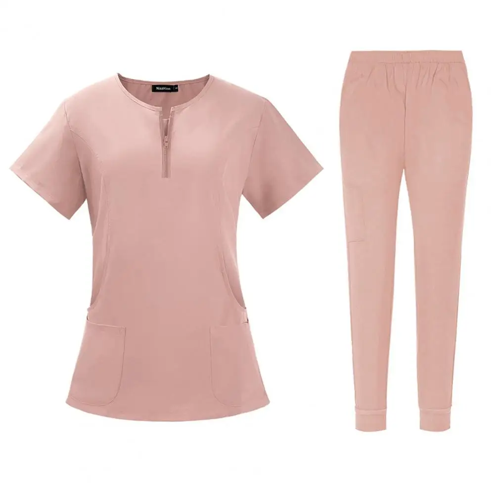 2025 Abbigliamento da lavoro da donna Completo da donna Uniforme medica Uniforme ospedaliera da donna Set con girocollo Cerniera Top Pantaloni in vita elastica Q