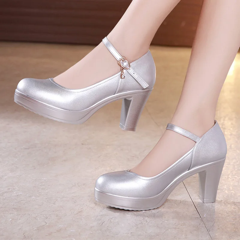 Small Size 32-43 Shallow Thick Bottom White Silver Wedding Shoes Bride Platform Pumps 2024 Block High Heels Shoes for Model Mom