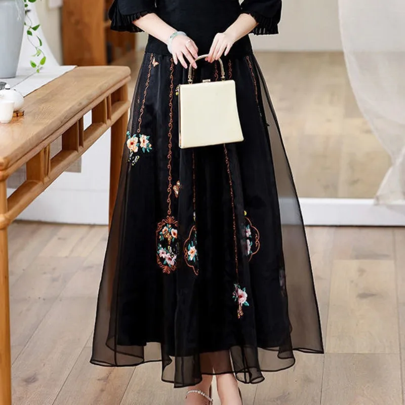 Vintage Chinese Style New Summer Women\'s Embroid Patchwork Elastic Waist Temperament Elegant Versatile Mid Length A-line Skirts