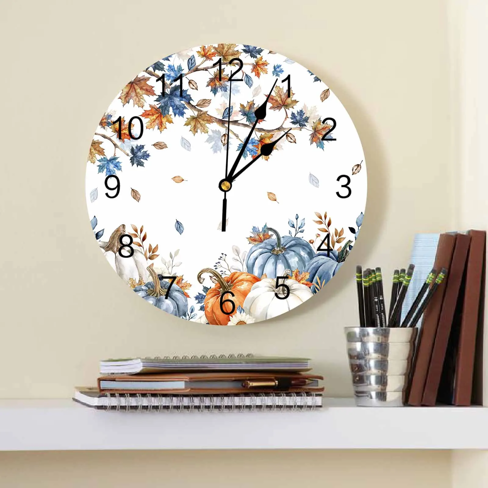 Thanksgiving Autumn Maple Leaf Pumpkin Printed Wall Clock Modern Silent Clock Living Room Home Decor Wall Hanging Watch