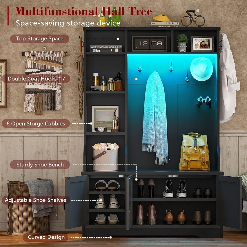 Black Hall Tree with Bench and Shoe Storage, Entryway Bench with Coat Rack