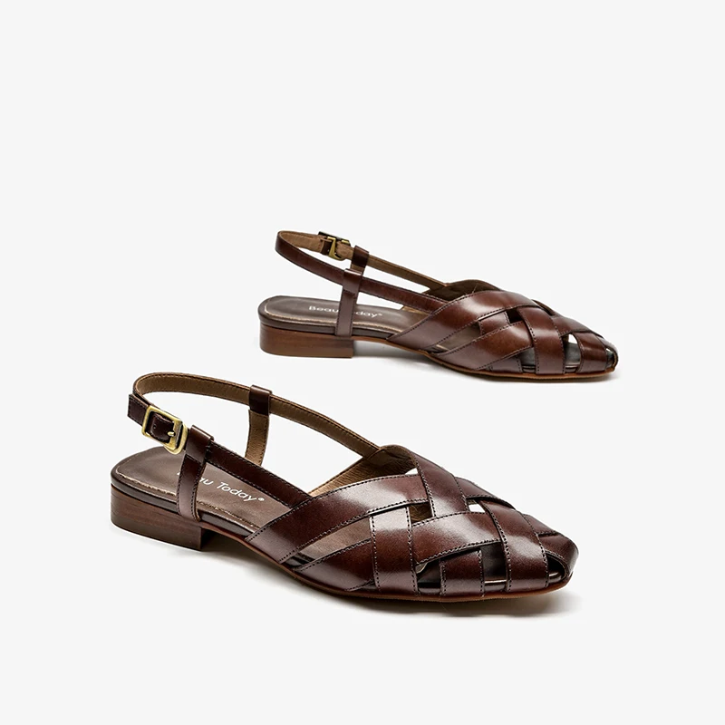 BEAUTODAY Gladiator Sandals Women Cow Leather Cross-tied Cover Pointed Toe Outdoor Flats Summer Ladies Shoes Handmade 33034 - view 4