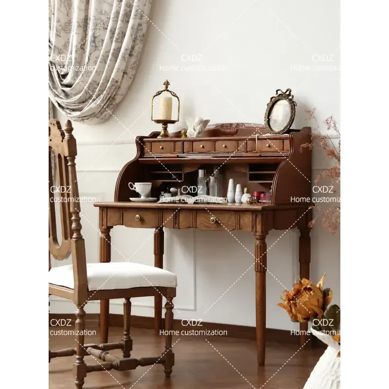Medieval Style Solid Wood Dressing Table Multi Functional Makeup Desk Retro Log Vanity with Storage Cabinet for Bedroom