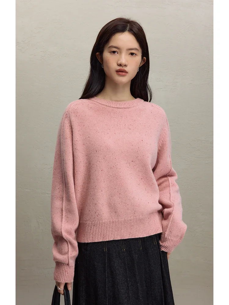 ZIQIAO Sweet Pink 100% Wool Soft Round Neck Wool Sweater for Women 2023 Autumn Winter Gentle Style Cozy Pullover Sweater Female