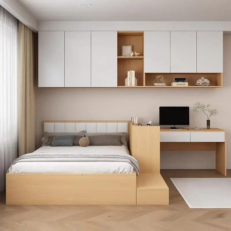 

High box bed, step corner desk, integrated bed with writing table and hanging cabinet combination