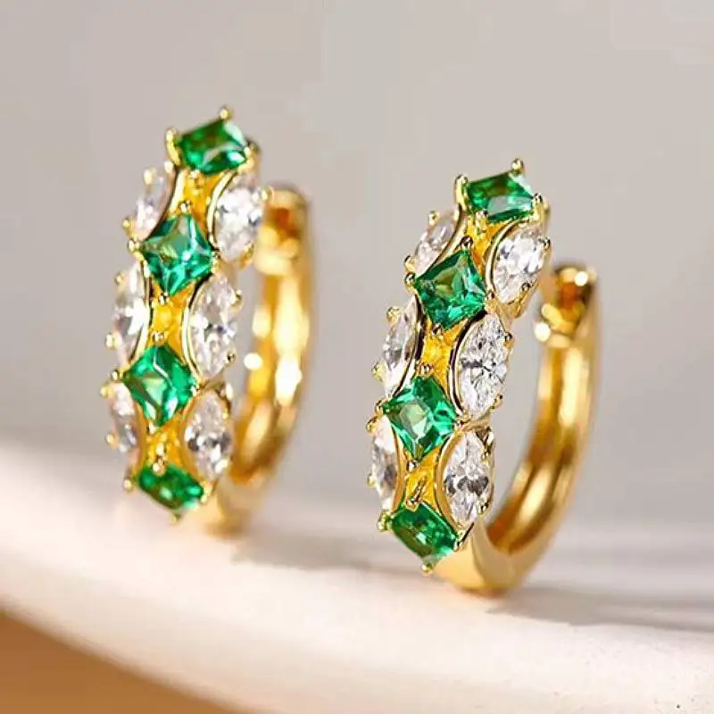 Huitan Creolen für Damen, goldfarben, mit hellgrünem/weißem CZ, goldfarben, elegante Party, Hochzeit, trendige Accessoires, Schmuck
