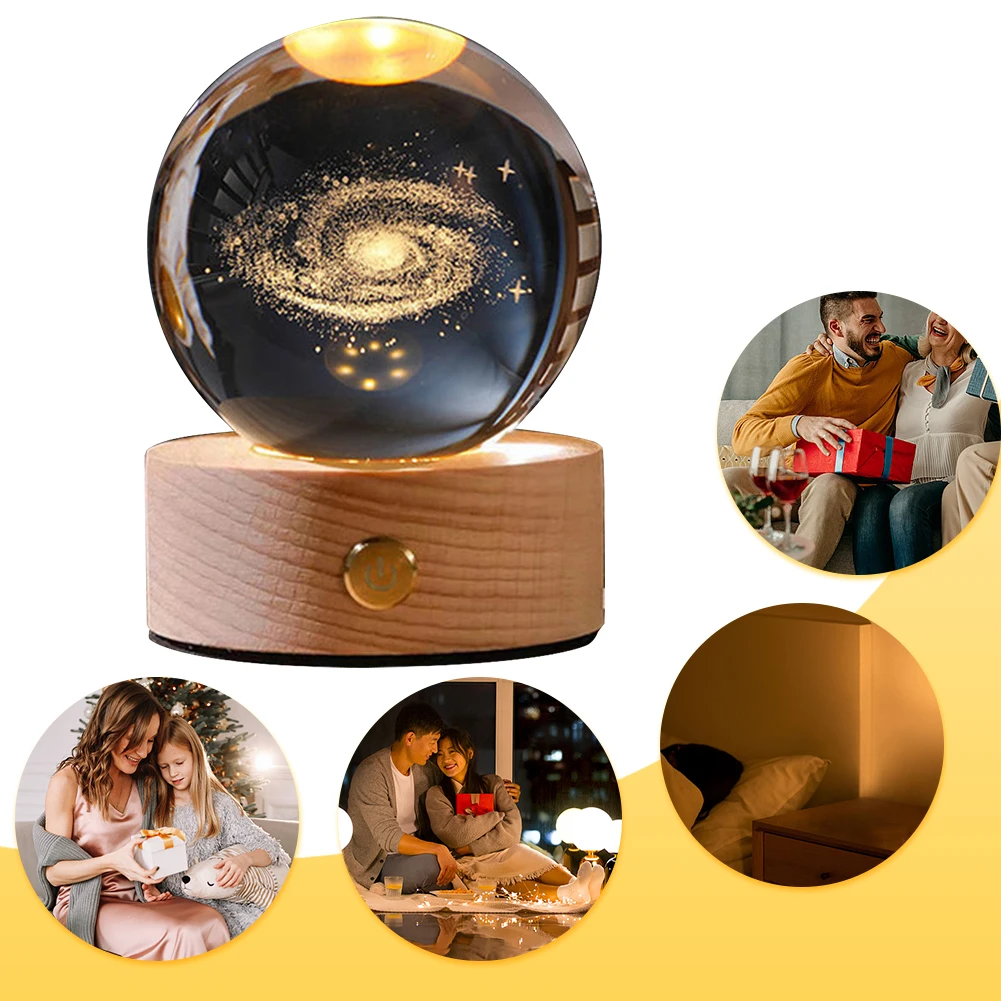 3D Astronomy Space Night Lamp with Wooden Base Engraved Crystal Ball Light USB Rechargeable 350mAh Birthday Gifts for Boys Girls