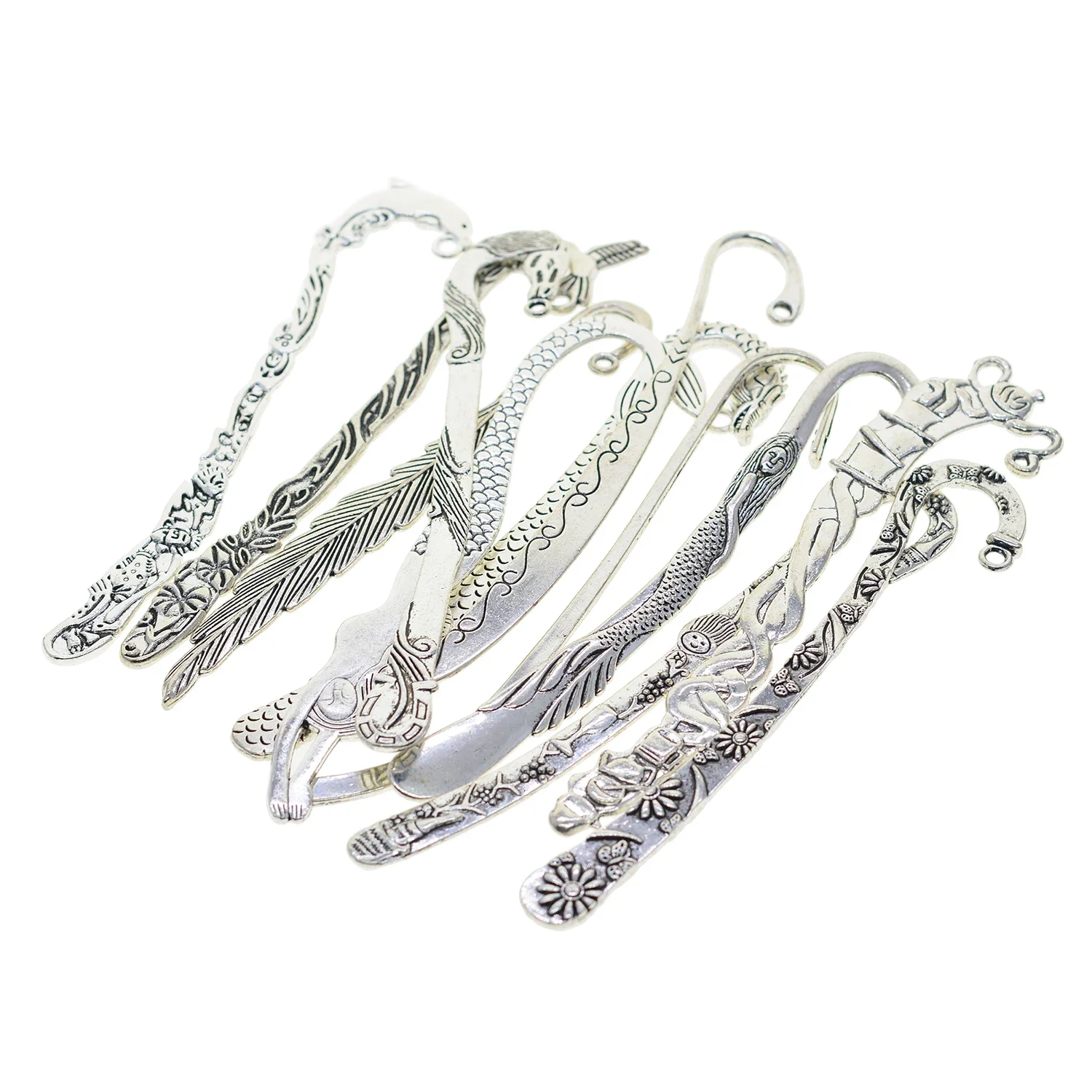 12pcs Retro Silver 5 Inch Long Blank Beading Horse Mermaid Feather Bird Bookmark