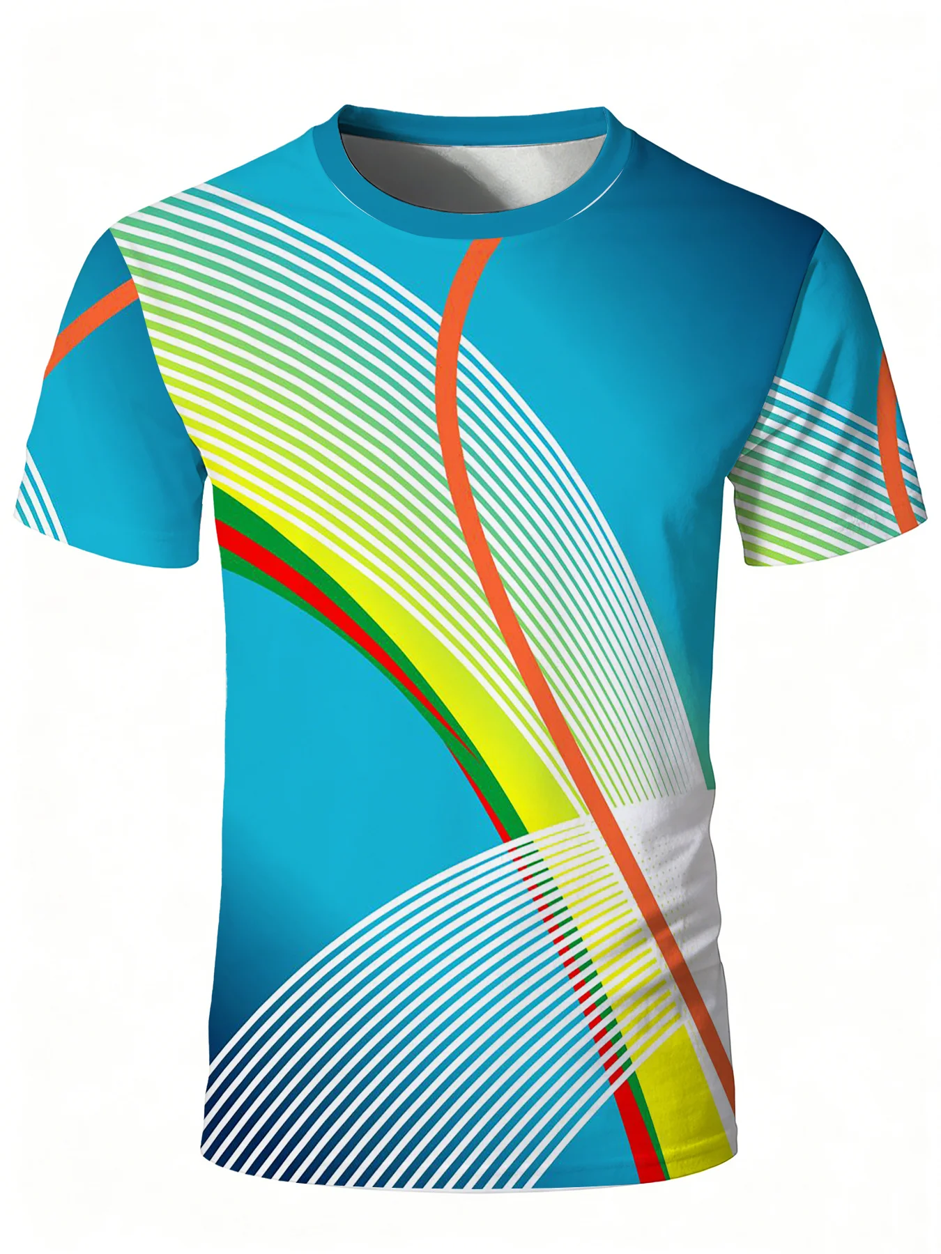 Men High Elastic Quick Dry Sports Compression Shirt Colorful Curve Line Print Short Sleeve Running Training Workout Top