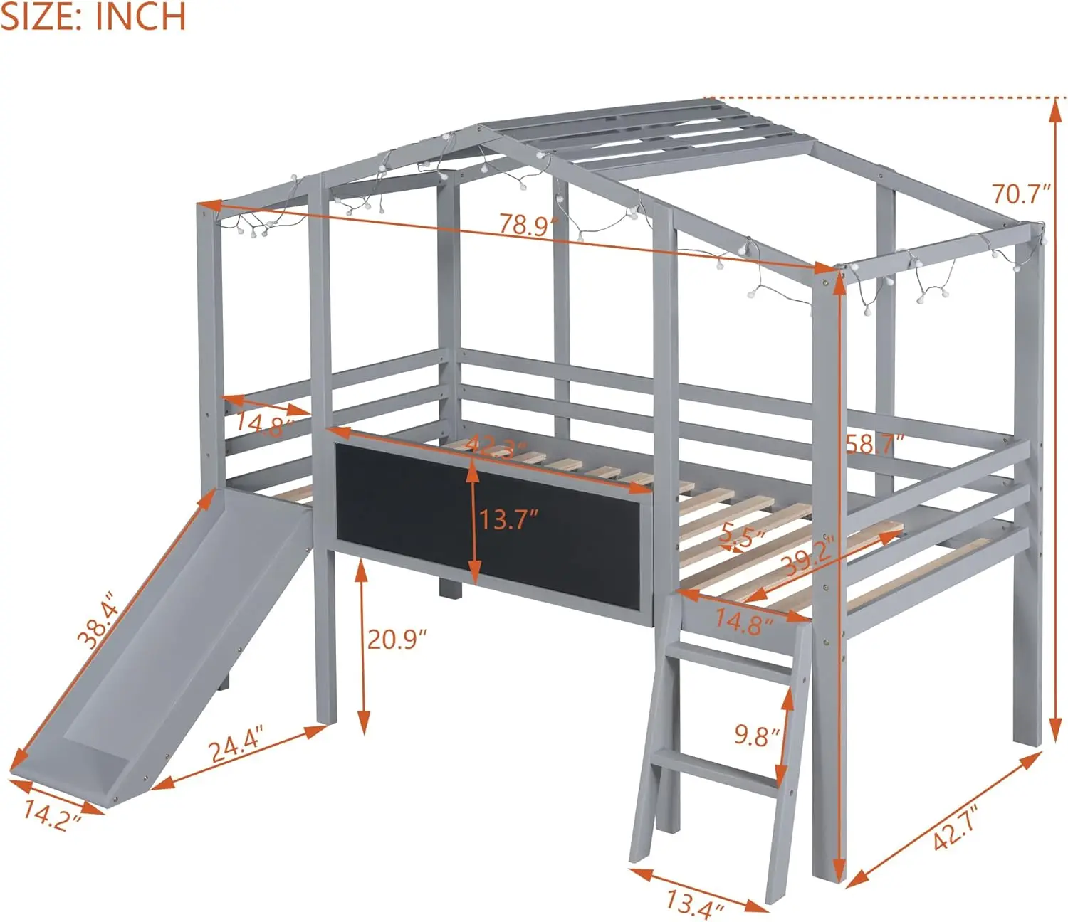 Twin Size Loft Bed With Slide And Ladder For Kids, Wood Platform Bed House Bed Frame With Blackboard And Sparkling Light Strip