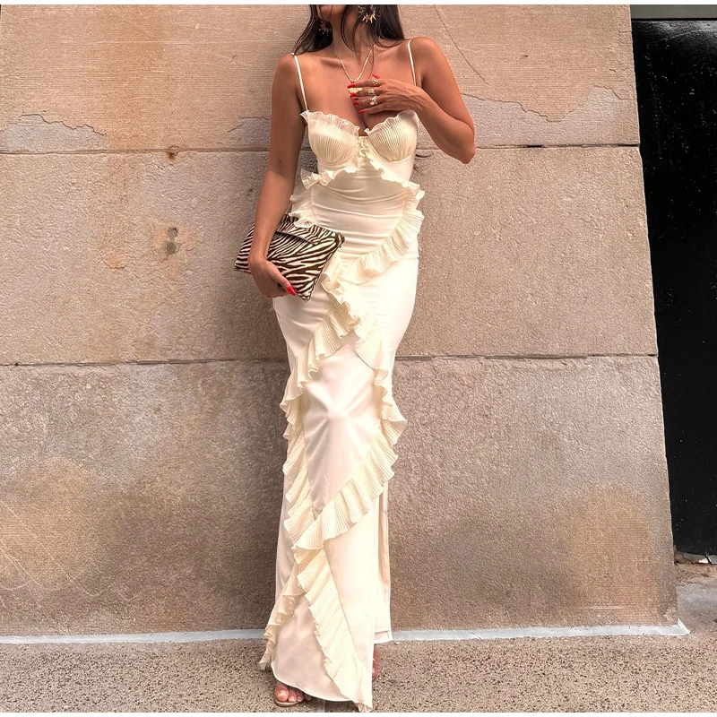 

Sexy Patchwork Lace Chest Wrapped Suspender Dress Chic Off Shoulder Split Bodycon Long Robe 2024 Summer Lady Evening Party Dress