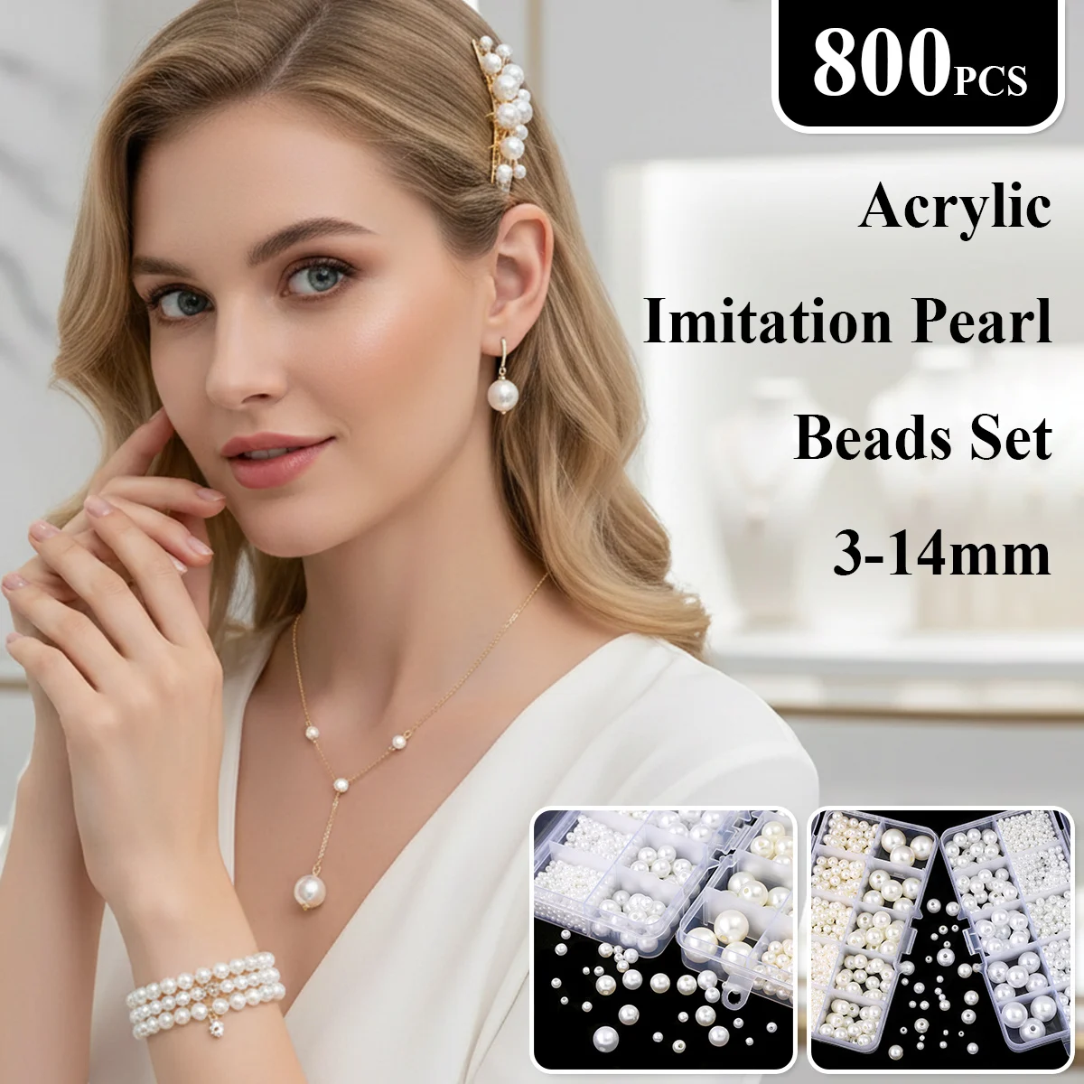 

Набор из 800 акриловых бусин-имитаций жемчуга 3-14 мм - Набор для изготовления украшений своими руками: ожерелья, браслеты, декоративные изделия для девочек/женщин