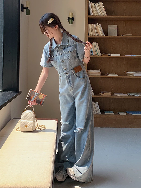 

American Retro Waed Denim Overalls Loose Slimming Wide Leg One-Piece Summer New Sle High Waist Long Pants Polyester Fiber