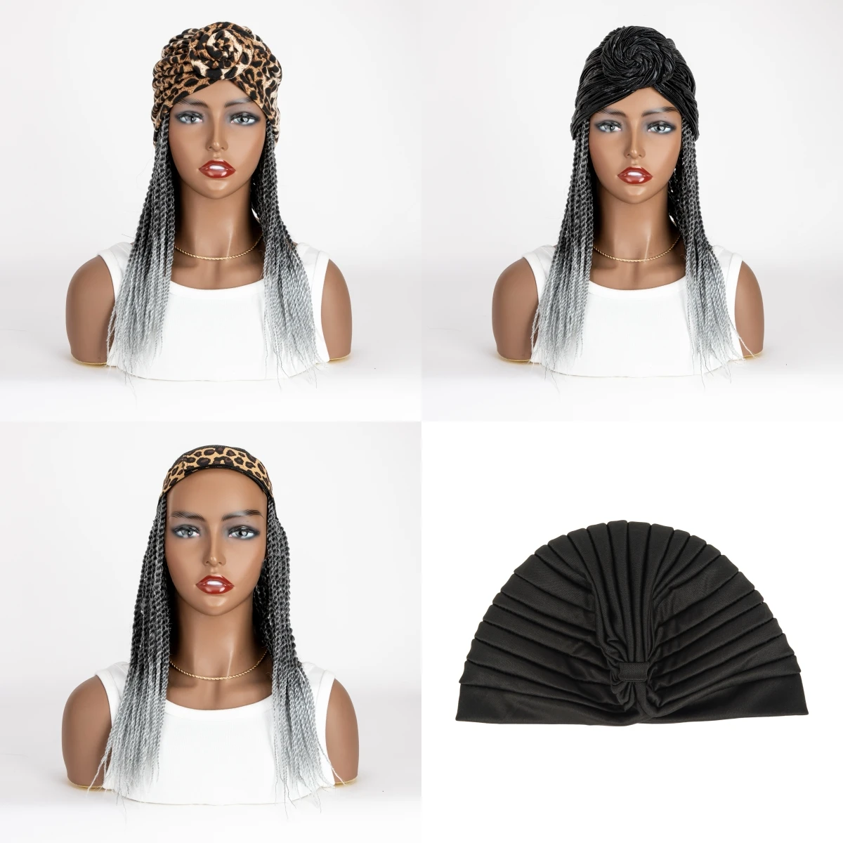 WIGERA-peruca sintética trançada torção com turbante para mulheres, extensões de cabelo, bandana, lenço de cabeça médio, preto, cinza, médio