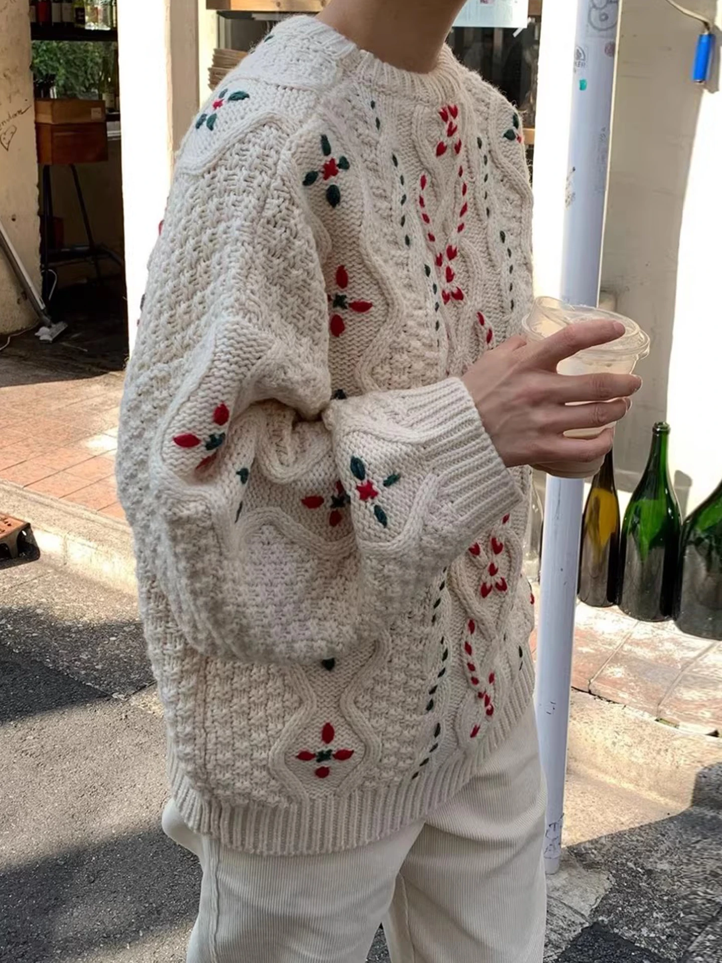 Retro pesado bordado thiened quente camisola de malha feminina outono inverno preguiçoso sle overhead floral estampado topo