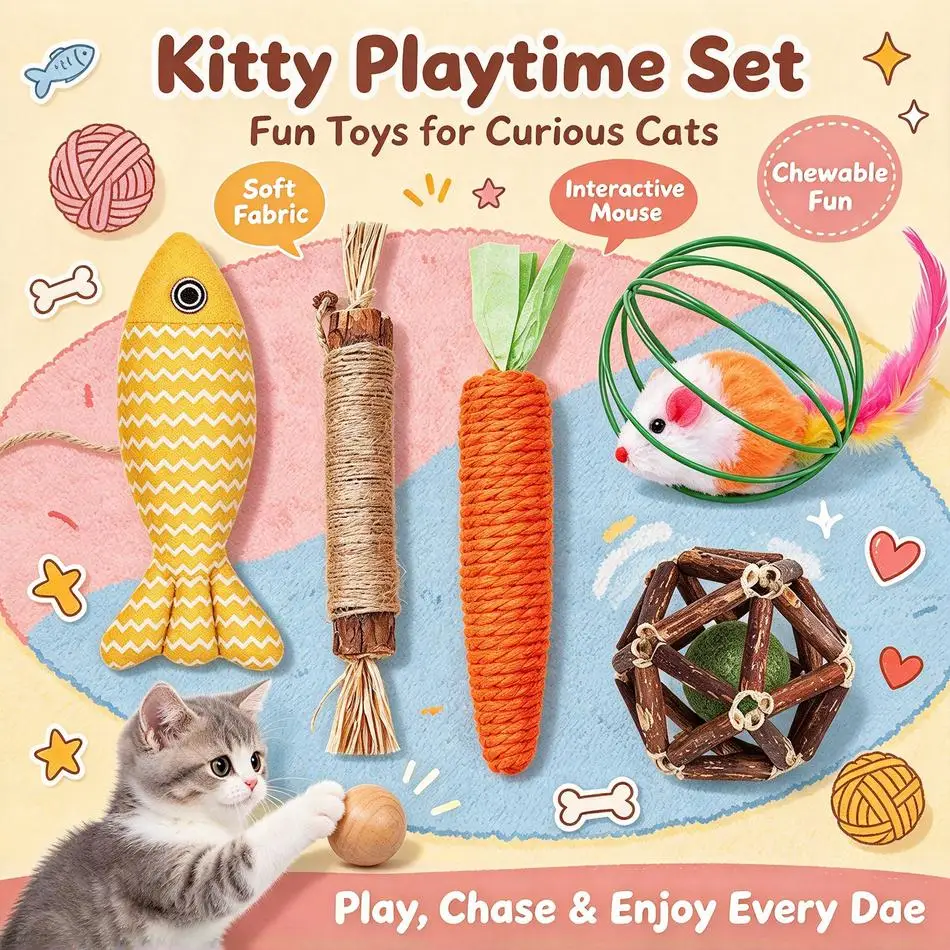 HOT 3PCS/5PC Silver Vine Catnip Fish Cat Toy Set Bite Resistant Interactive Molar Toy Sound Toy For Indoor Cats Self Play