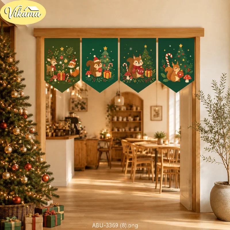 VIKAMA Christmas Forest Squirrel Pennant Flag Set Reindeer Fox Mushroom Pine Present Dark Green Doorway Hanging Kitchen Dining