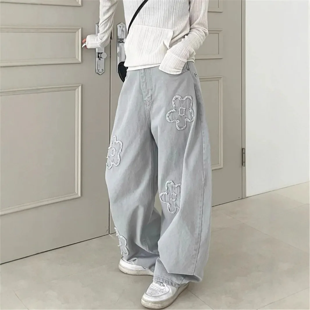 Vintage Washed Embroidered Silhouette Jeans Trousers