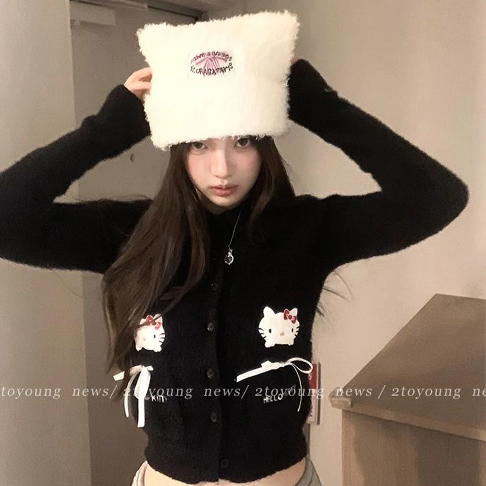 

Свитер «Hello Kitty» в стиле аниме Sanrioed Kawaii, весна-зима, ретро Kt, свитер с воротником-поло, студенческие топы для девочек, свободные милые милые топы