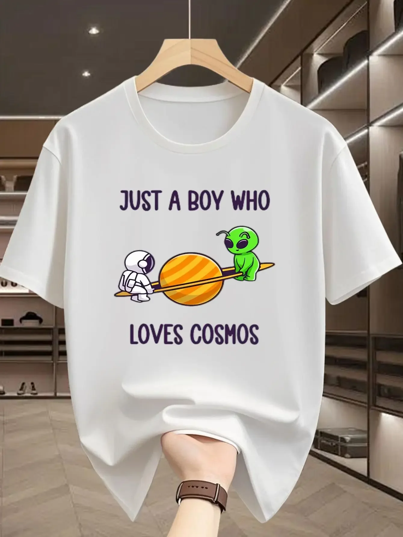 Just A Boy Who Loves Cosmos Astronaut Alien Planet Graphic Mens Short Sleeve Tee Crew Neck Space Casual Soft Daily Comfort Top
