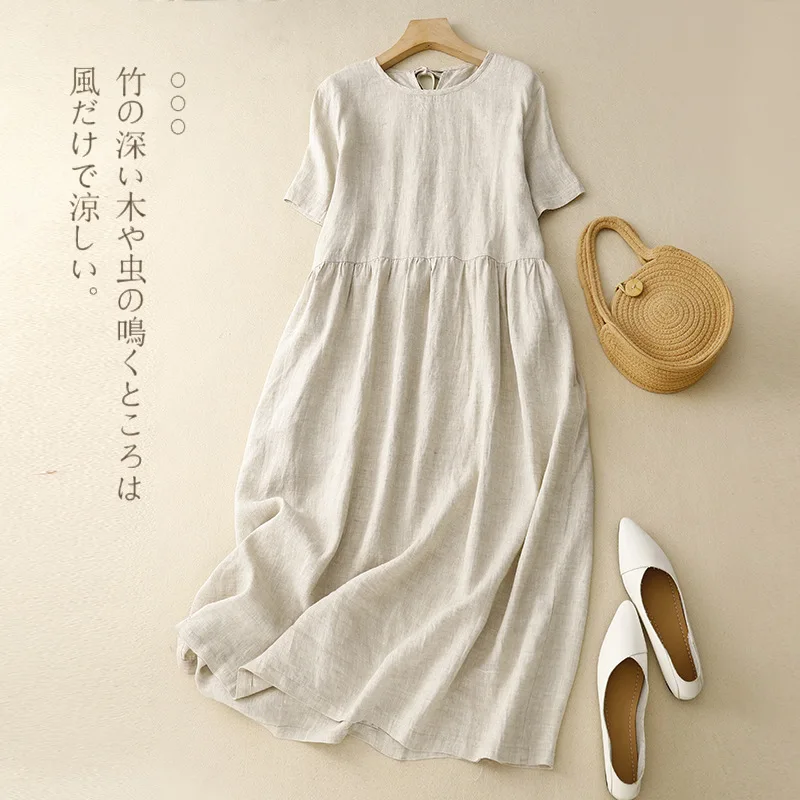 Women Cotton Linen Midi Dresses Summer Chic Female Vestidos Loose  A-Line Boho Dress Short Puffy Sleeve Casual Sundress New