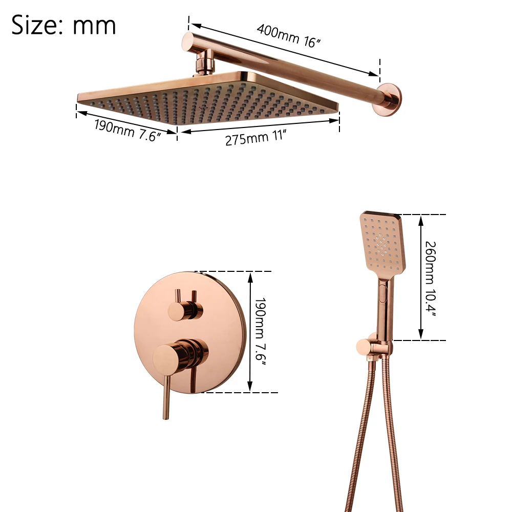 YANKMSART Bathroom Shower System Rectangle Rainfall Rose Gold Wall Mounted Hand Shower Rotate Spout Mixer Water Tap Combo Kit