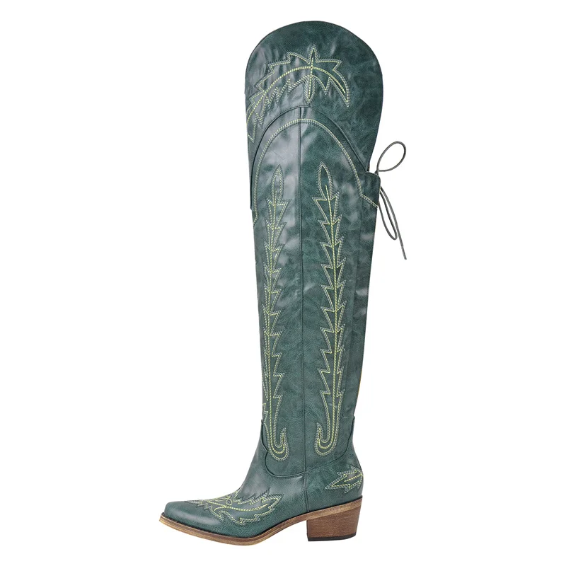 Onlymaker Women Over the Knee Faux Leather Boots for Women Cowboy Boots for Women Adjustable Thigh High Cowgirl Boots