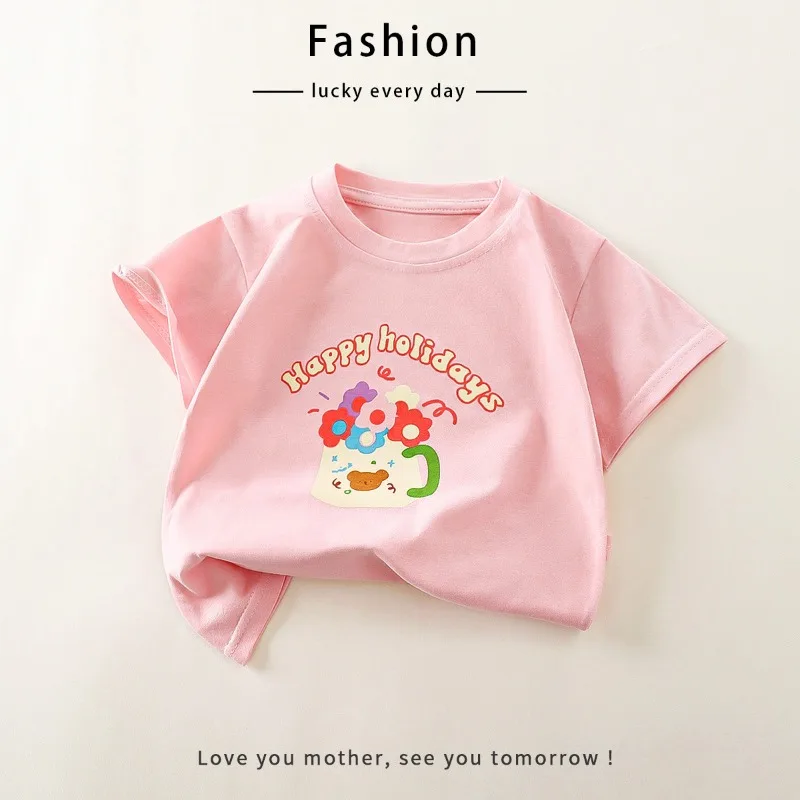 BELLBELL Summer 1-10Yrs Kids Short Sleeves Children Girls Flower Round Collar T-shirts Casual Candy Color Infant Babys Girl Tops