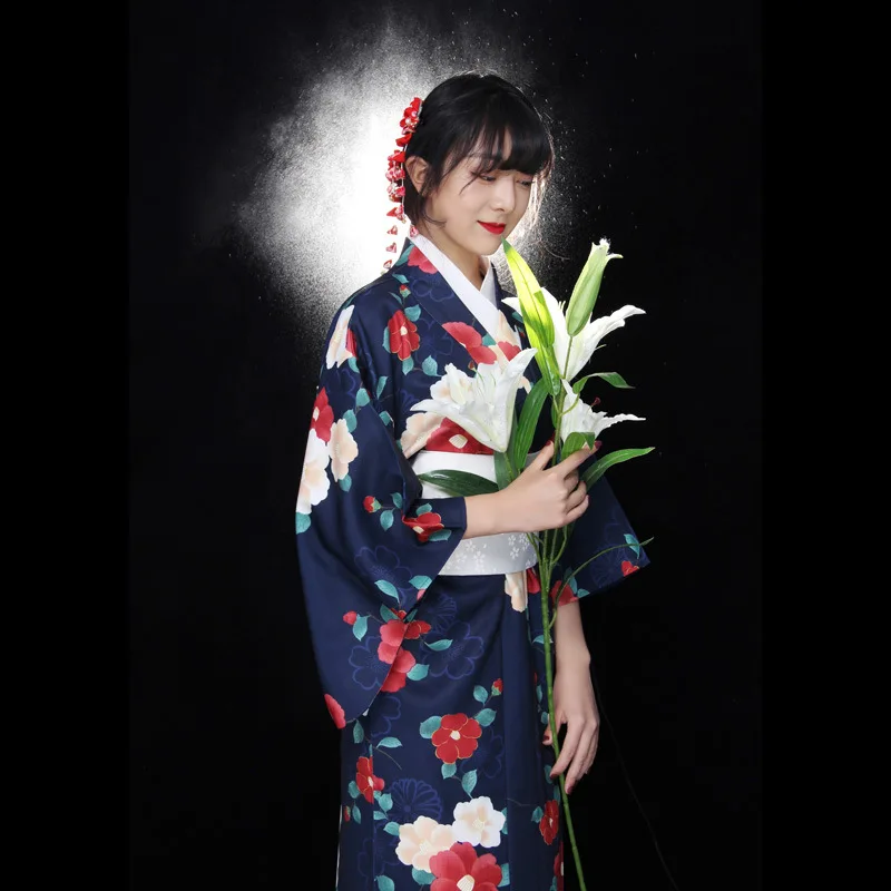 

Women's Modernized Kimono Japan Style Formal Yukata Navy Blue Color Floral Prints Vintage Dress for Photography Cosplay Costume