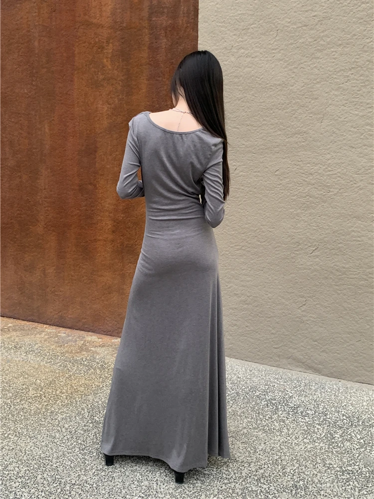 CHEERART Cowls Gray Long Sleeve Maxi Dress Tunics A Line Knitted Long Casual Dress For Women 2024 Spring Dresses