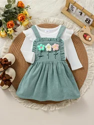 2pcs Baby's Girls Long Sleeve Autumn Bodysuit & Skirt Set With Floral Preppy Style Fashion Clothing