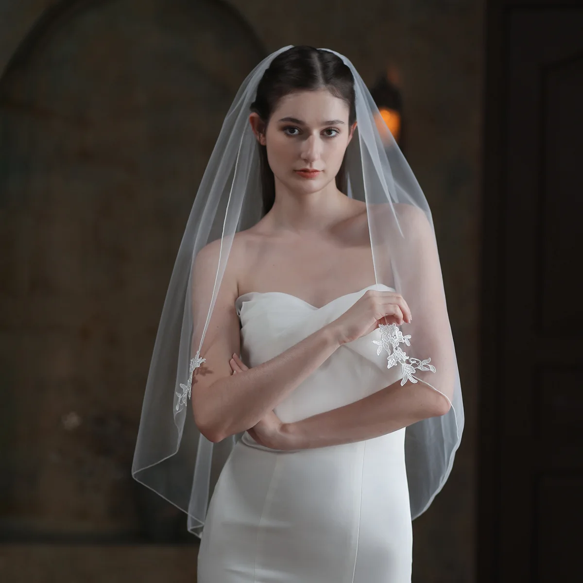V843 Bridal Veil Simple White Single-Layer Lace Flower Piece with Edge Trimming for Wedding Photography and Wedding Headwear Wholesale