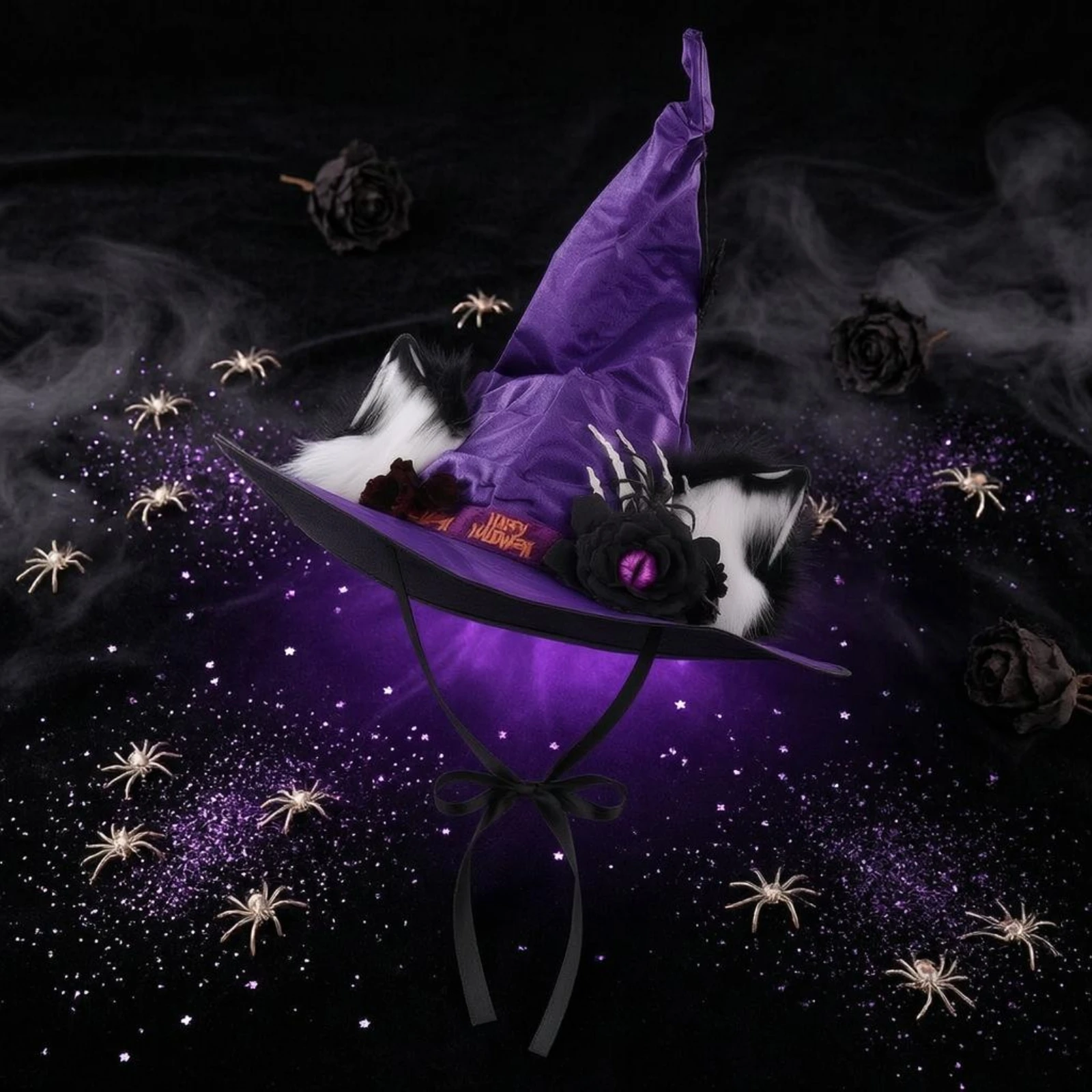 Feline Ear Witch Hat Flower Accent Arachnid Ornament Witch Hat Costume Accessory Sturdy Soft for Performance
