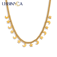 Star and Moon Necklace for Women Simple Celestial Pendant 18K Gold Plated Polished Stainless Steel Jewelry Elegant Gift for Her