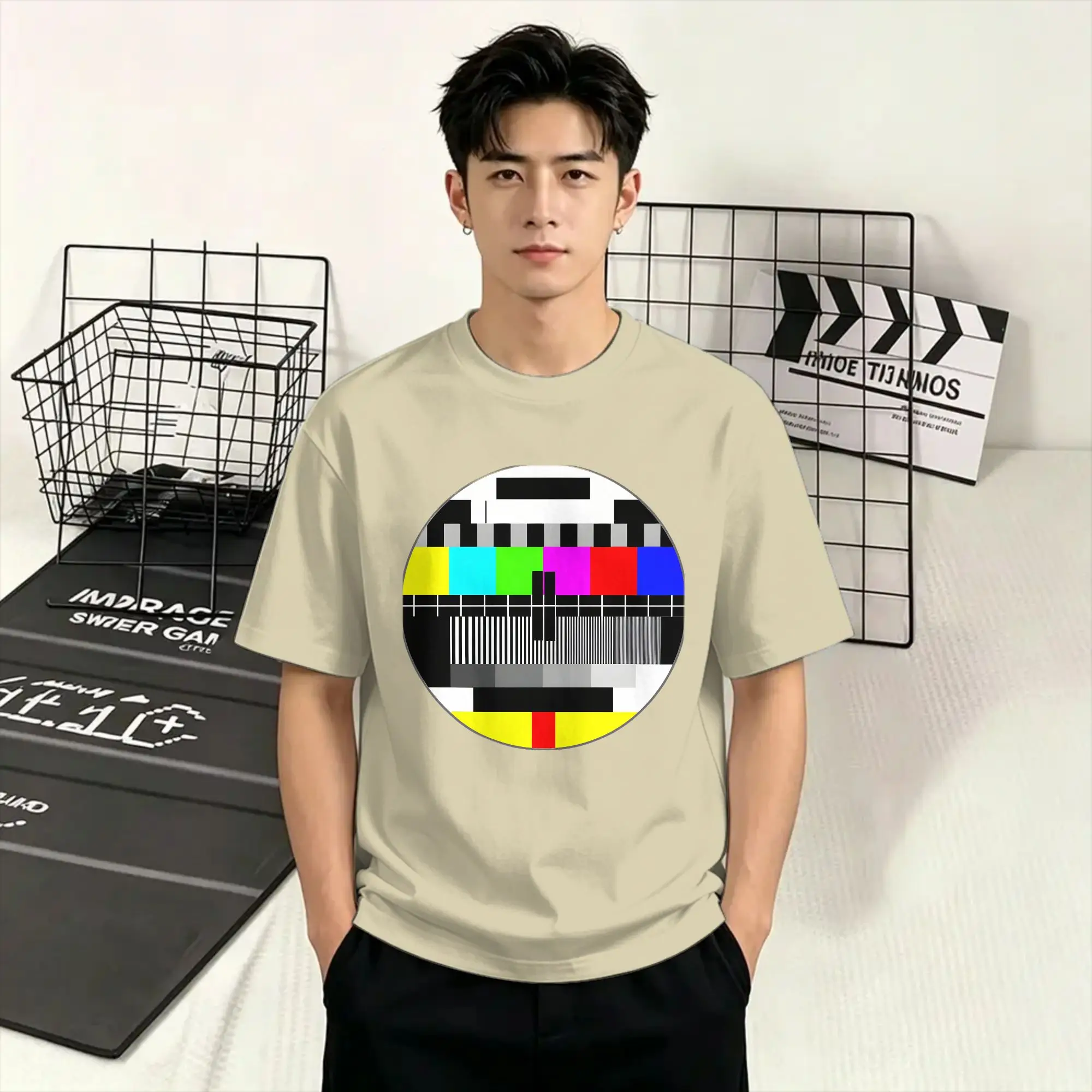 No Signal TV Test Card Men's T Shirt  Funny Tees Short Sleeve Crew Neck T-Shirts Cotton Plus Size Clothing