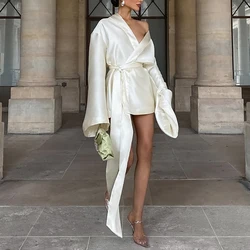 Simple Silk Satin French Style Dress Elegant Women Lace-up Waisted Dress New Long Sleeved V-neck Women Temperament Party Dresses