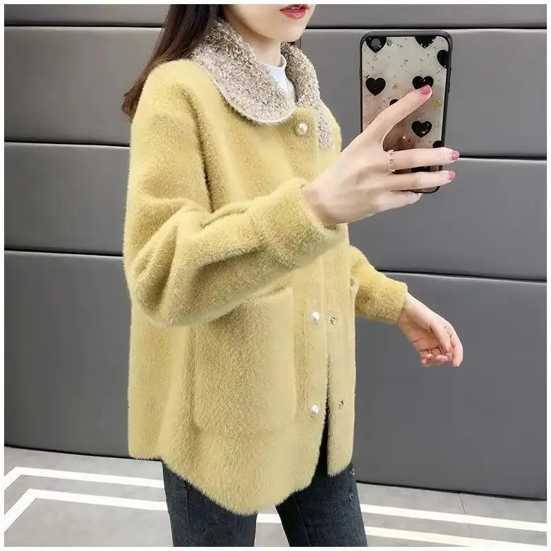 

Осень-зима 2025 года, новый корейский свитер, женский короткий топ из искусственного норкового бархата, свободный универсальный вязаный кардиган, куртка
