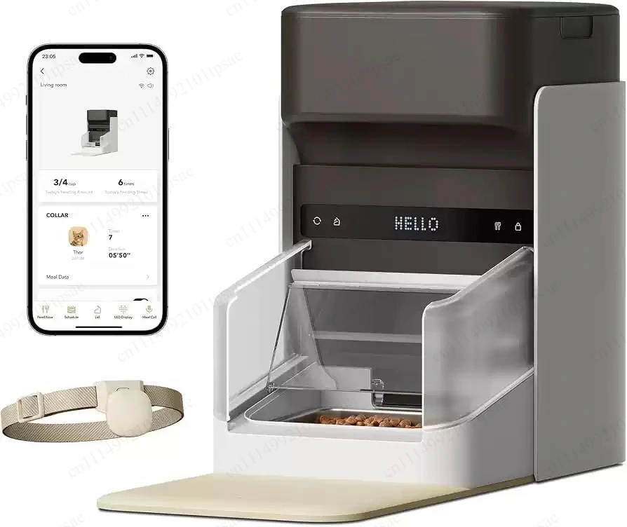 Automatic cat feeder with application control, light collar label, and intelligent pet food dispenser